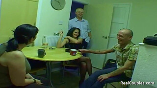 Two older swinger couples chat before having 4some sex