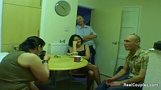 Two older swinger couples chat before having 4some sex