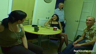 Two older swinger couples chat before having 4some sex