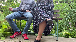 Gorgeous MILF jerks my penis outdoors and blows cum for her cuckold husband