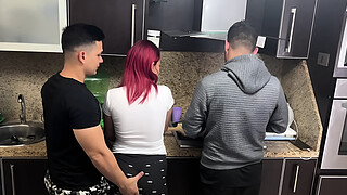 Wife and Husband Cooking but his Friend Gropes his Wife Next to her Cuckold Husband NTR Netorare