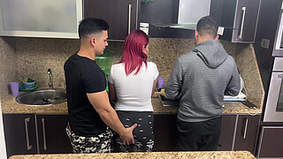 Wife and Husband Cooking but his Friend Gropes his Wife Next to her Cuckold Husband NTR Netorare