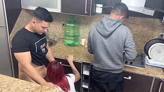 Wife and Husband Cooking but his Friend Gropes his Wife Next to her Cuckold Husband NTR Netorare