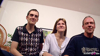 Stupid German Cuckold let his Anorexic slim wife Fuck old Stranger in 3way