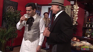 Two blonde milfs and a brunette with an amazing booty are sharing two big dicks in group sex