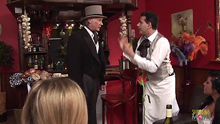 Two blonde milfs and a brunette with an amazing booty are sharing two big dicks in group sex