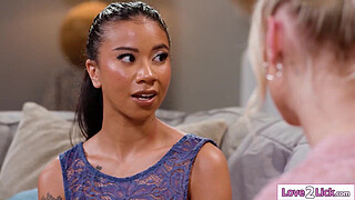 Busty milf stepmom Annie King confesses her dirty lesbian fantasies about her stepdaughters Ameena Green and Kelsey Kane to them and they lick pussy