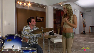 Whore couldn't resist fucking with a drummer after sucking his shaft