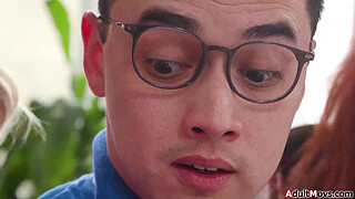 What do you say young man would you help us five horny milfs out?Nerdy tech guy is in luck and is sucked off and fucked by big boobs cougar girlfriends