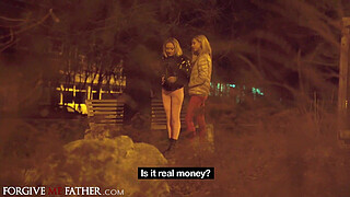 Rough hardcore anal sex 3some in back of van for dirty cash with two wild tattoo covered crazy hot blonde babes