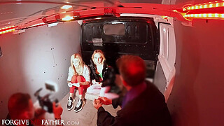 Rough hardcore anal sex 3some in back of van for dirty cash with two wild tattoo covered crazy hot blonde babes