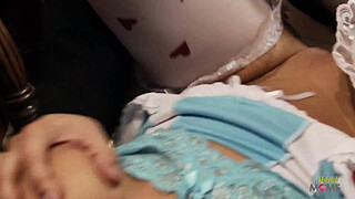 Sexy blonde chick with big boobs makes a guy in bunny costume happy by sucking his shaft before getting her wet pussy plowed in various poses until he cums.