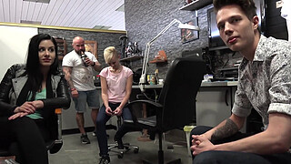 Foursome Group Sex in Public BarberShop