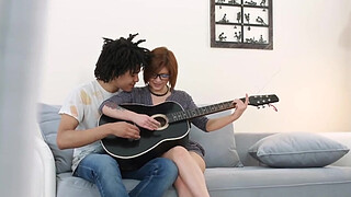 Cute brunette teen gets a creampie during a guitar lesson