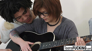 Cute brunette teen gets a creampie during a guitar lesson