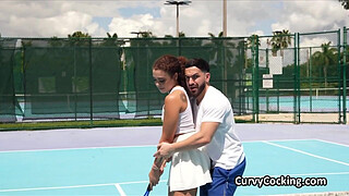 Curly ebony spinner gets on cock after tennis