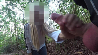 PENIS FLASH IN FOREST: Sporty milf caught me jerking off and laughs at my huge cumshot