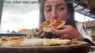 Eating pizza with cum on my face in a public cafe