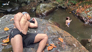 Fucked outdoors in the Rio Pance in Cali Colombia with a stranger who masturbates watching me - Celeste Alba & Angel Cruz