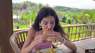 Cute Babe Eating Burger with Cum on Her Face in Public Cafe - Cumwalk