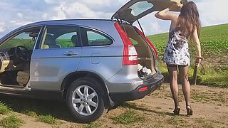 Extreme! Sexy Milf Has Car Breakdown and Shows Ass Plug and Rides Bottle