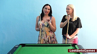 Big juggs lesbian couple friendly strip pool game