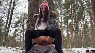 Real Sex in Winter Snowy Forest with Cum in Pussy - Creampie