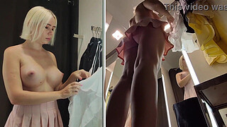 Young blonde with big tits tries on transparent clothes. Blonde MyCandyAlice shows tits in public. Public fetish