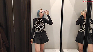 Masturbation in a fitting room without a door. Horny blonde gets a strong orgasm in a public place