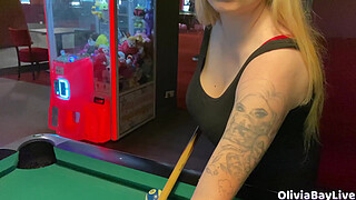 Pool game leads to public toilet! Slutty blowjob!