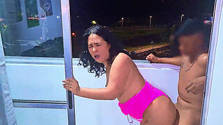 Latina whore fucking and sucking penis on a balcony overlooking the public street in Medellin, a wet blowjob and a frenetic fuck. While she is being fucked the cars pass by on the road. Venezuelan slut