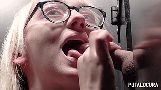 PutaLocura - Blonde geek Emejota swallowing cum and cocks in kinky GloryHole