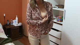 Stepmom comes home from work excited and starts touching herself, asking me to fuck her