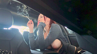 Italian Big Tits MIlf Artemisia Love Showing her big horny tits while smoking in the car , ponytal long hair fetish