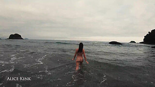 Alice Kink taking her micro bikini off at the public beach - SP