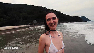 Alice Kink taking her micro bikini off at the public beach - SP