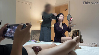 My stepmom and I are getting ready for dinner and my husband relaxing and showing off his shaft. CFNM