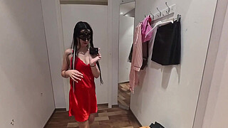 Camera in a public fitting room! Nice brunette tries on underwear!