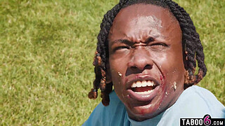 MILFs reverse gangbang black teen guy after he ate all the pies