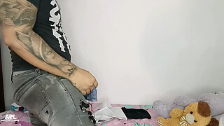 I arrive to my room after taking a shower, and I realize that my stepsister's horny stepson is touching his big penis with my underwear, we end up fucking - Part 1