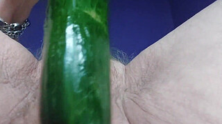 Granny fucks hairy pussy and butt with cucumber