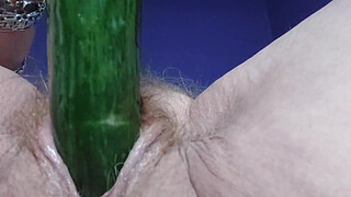 Granny fucks hairy pussy and butt with cucumber