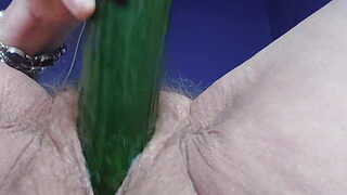 Granny fucks hairy pussy and butt with cucumber