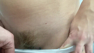 My neighbour coming to my bathroom. Doggy style sex and handjob until cumshot and playing with my hairy pussy and butthole