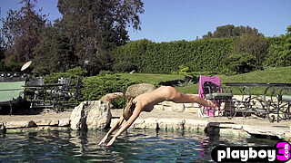 Hot blonde MILF shows her sexy big juggs after hot striptease for Playboy