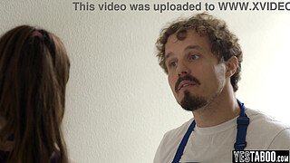 Big juggs MILF maid fucks a rich stud in front of her cuckold husband