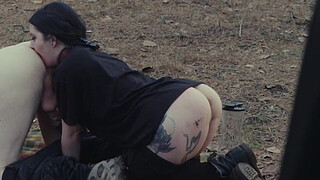 Submissive beauty eats booty and piss at roadside picnic, then gets rough face fucking