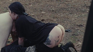 Submissive beauty eats booty and piss at roadside picnic, then gets rough face fucking