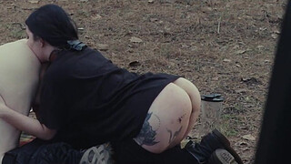 Submissive beauty eats booty and piss at roadside picnic, then gets rough face fucking