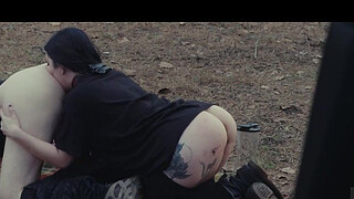 Submissive beauty eats booty and piss at roadside picnic, then gets rough face fucking